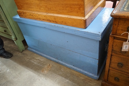 Two Victorian painted and stripped pine trunks, larger length 108cm, depth 48cm, height 54cm